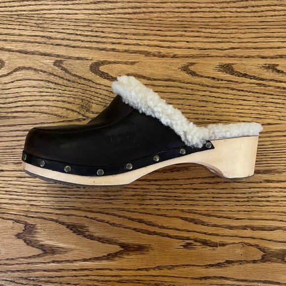 UGG Leather Shearling Fur Lined Wooden Clogs - Picture 9 of 10